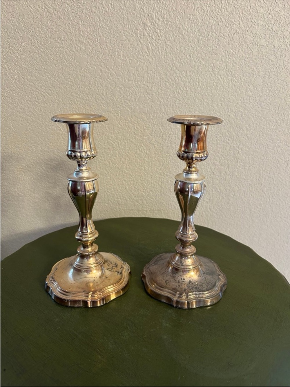 Set of 2 English Silver Plate
Taper Candle Holders - Heavy
Patina - Vintage 1990